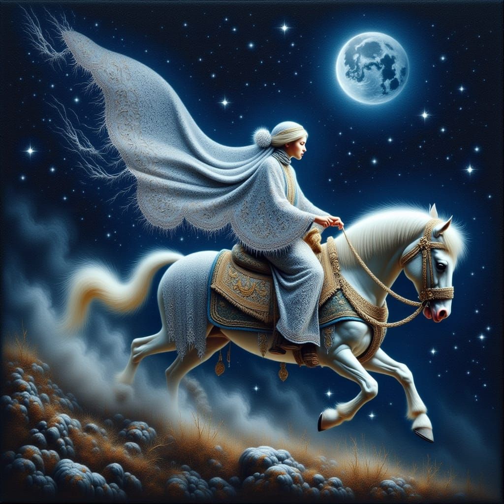 <lora:felt:1.0> silver oil painting on dark blue velvet paper. A rider in an embroidered cloak on a horse with expensive trappings gallops t...