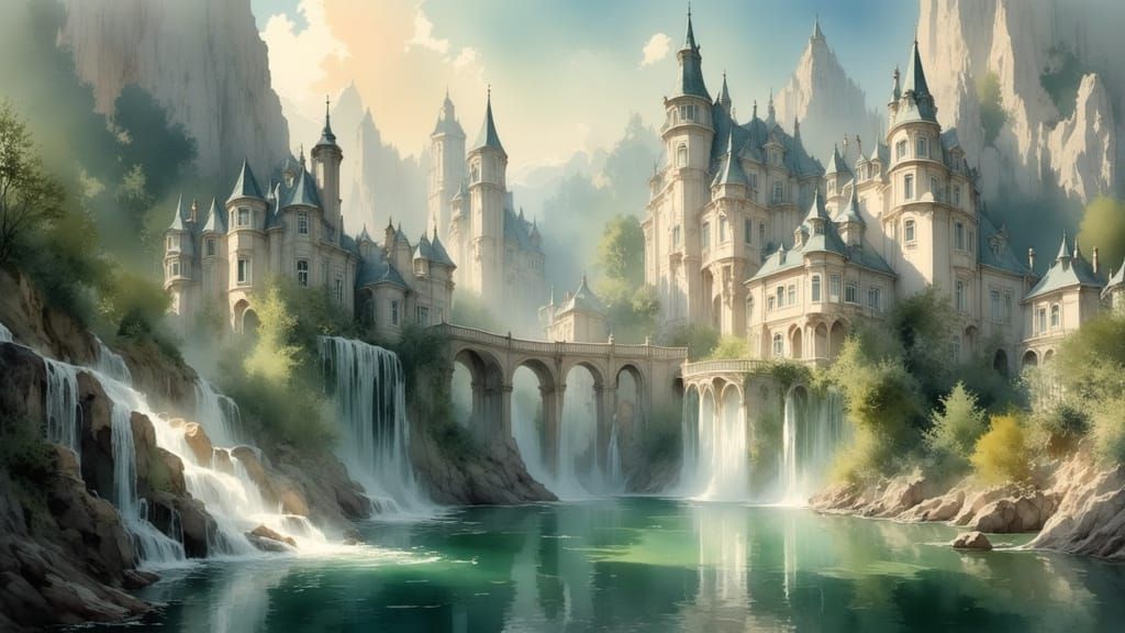 <lora:Light and Lace-Flux:1.0> a fantasy city built on the side of tall cliffs, with white and gold buildings, waterfalls flowing into an em...