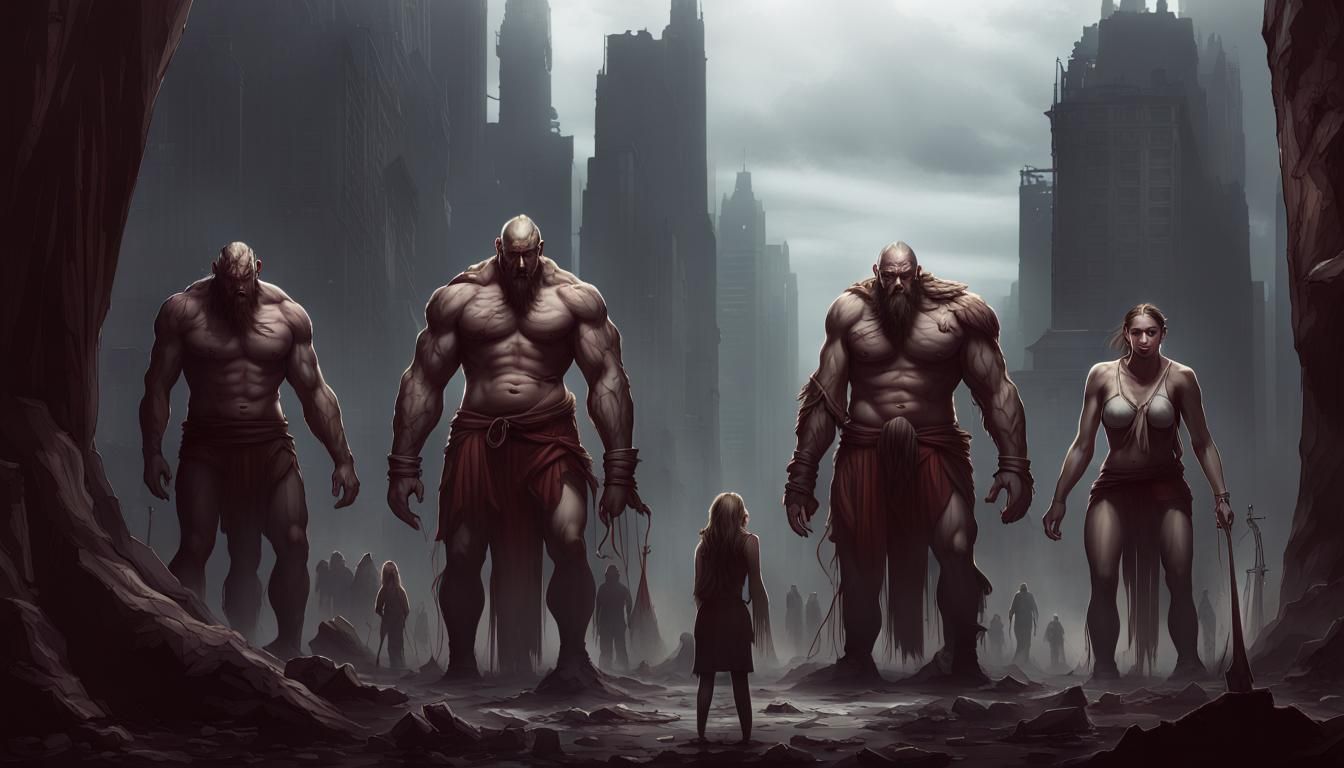 Giants' City, massive population, bloody, savage landscape, beautiful male and female giants
