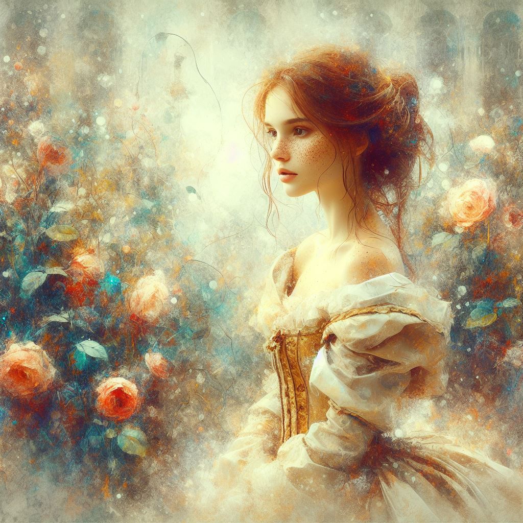 Beauty and the beast in the style of Carne Griffiths, abstra...