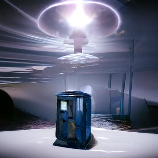 an old 1960s blue police box in front of a nuclear explosion