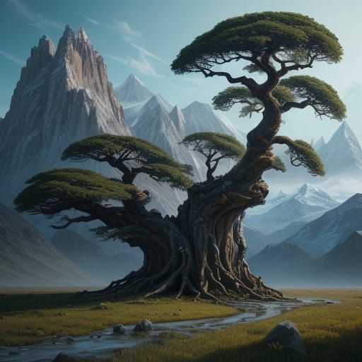 Surreal Forest with Ancient Tree in a Fantastical Landscape