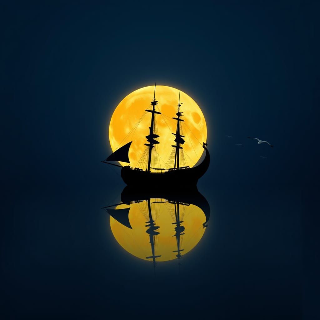 Viking Ship Silhouette Under Golden Full Moon