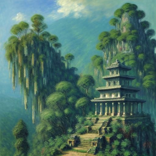 An ancient temple standing atop within a dense jungle mounta...