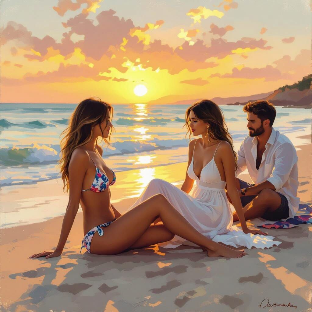 Sunset Beach Scene with Women and Men in Painterly Style