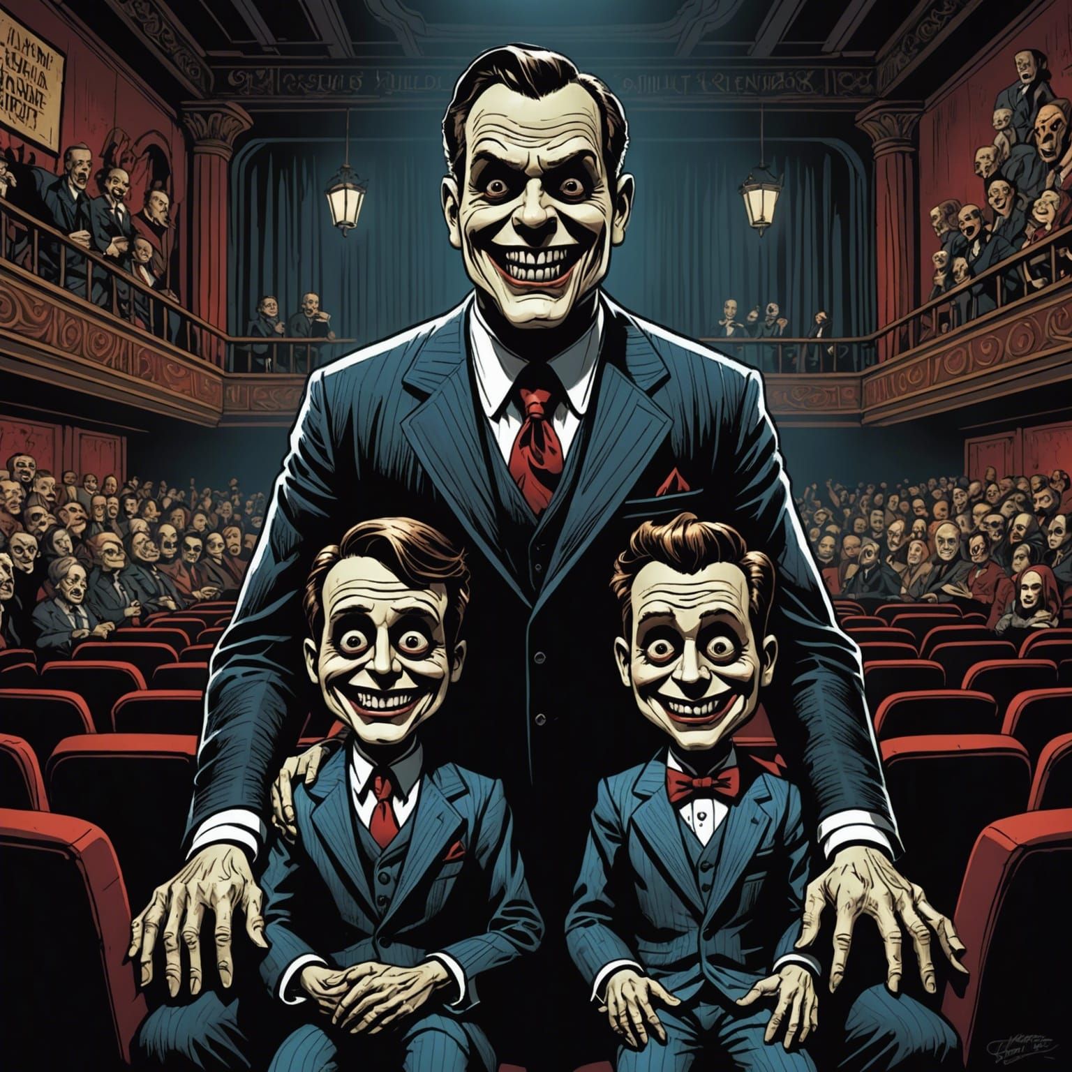 scary ventriloquist in a theater