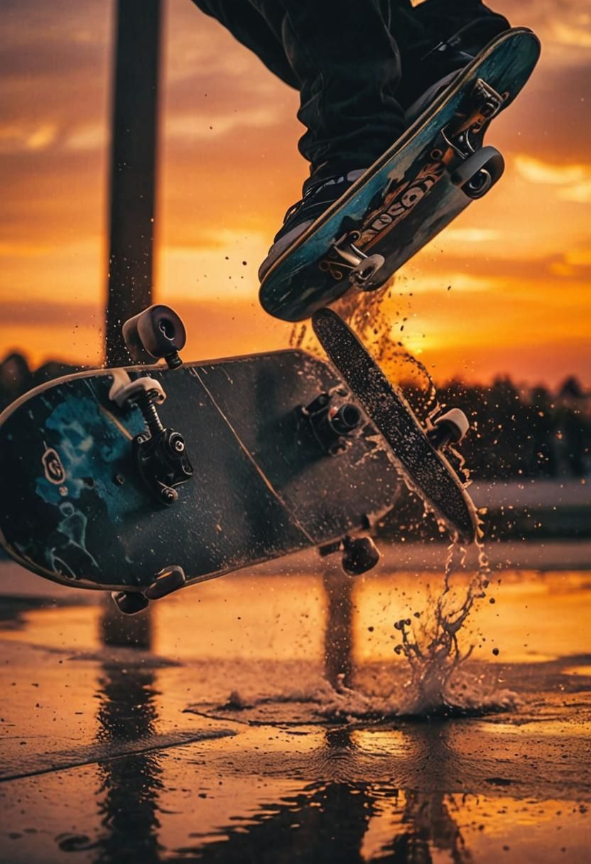 Nahaufnahme eines Skateboarders mitten in einem Trick bei So...