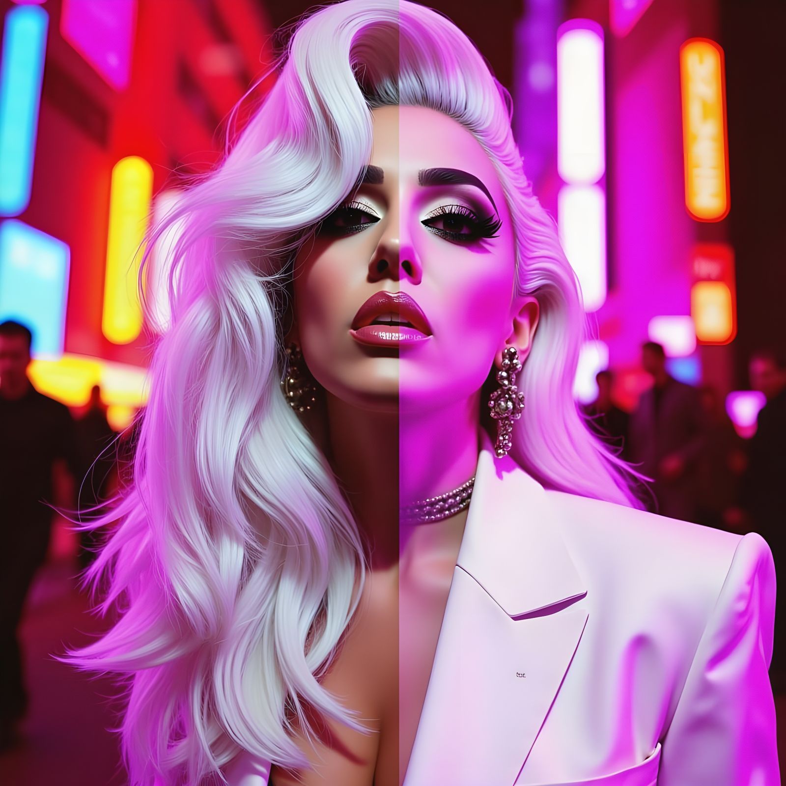 <lora:BehindTheAurA:1.0> Collage High‑fashion editorial close-up portrait of Lady Gaga with long hair, white color palette, haute couture, p...