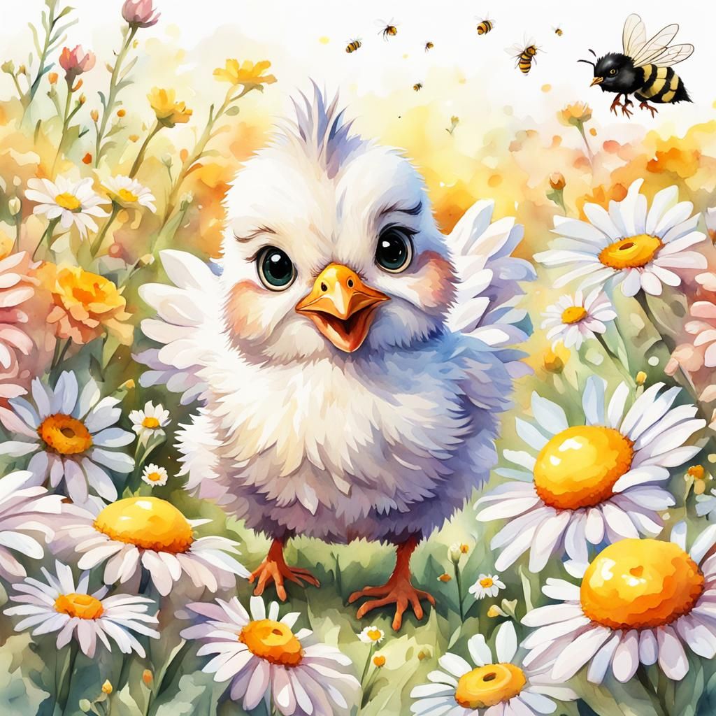 Digital watercolor realistic cute chibi smiling happy chicke...
