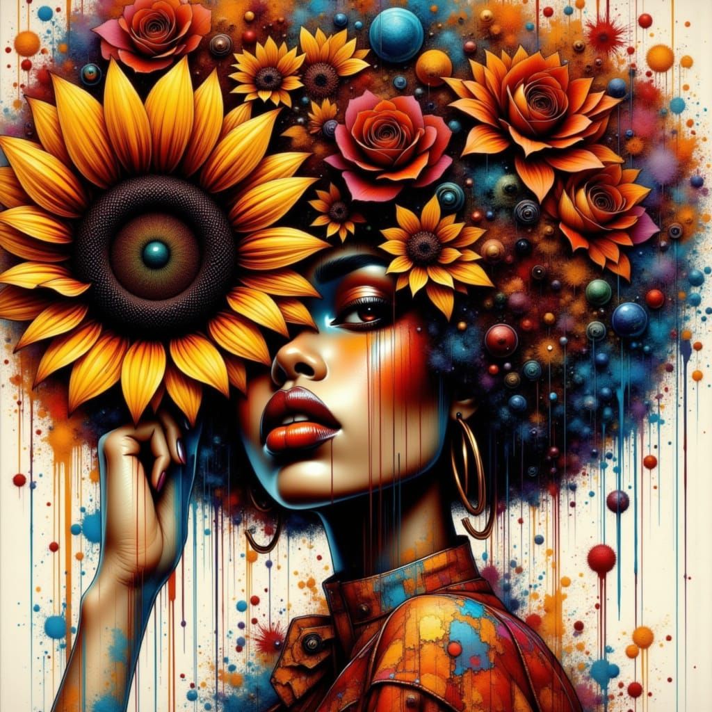 Vibrant Afro Hairstyle and Floral Artistry