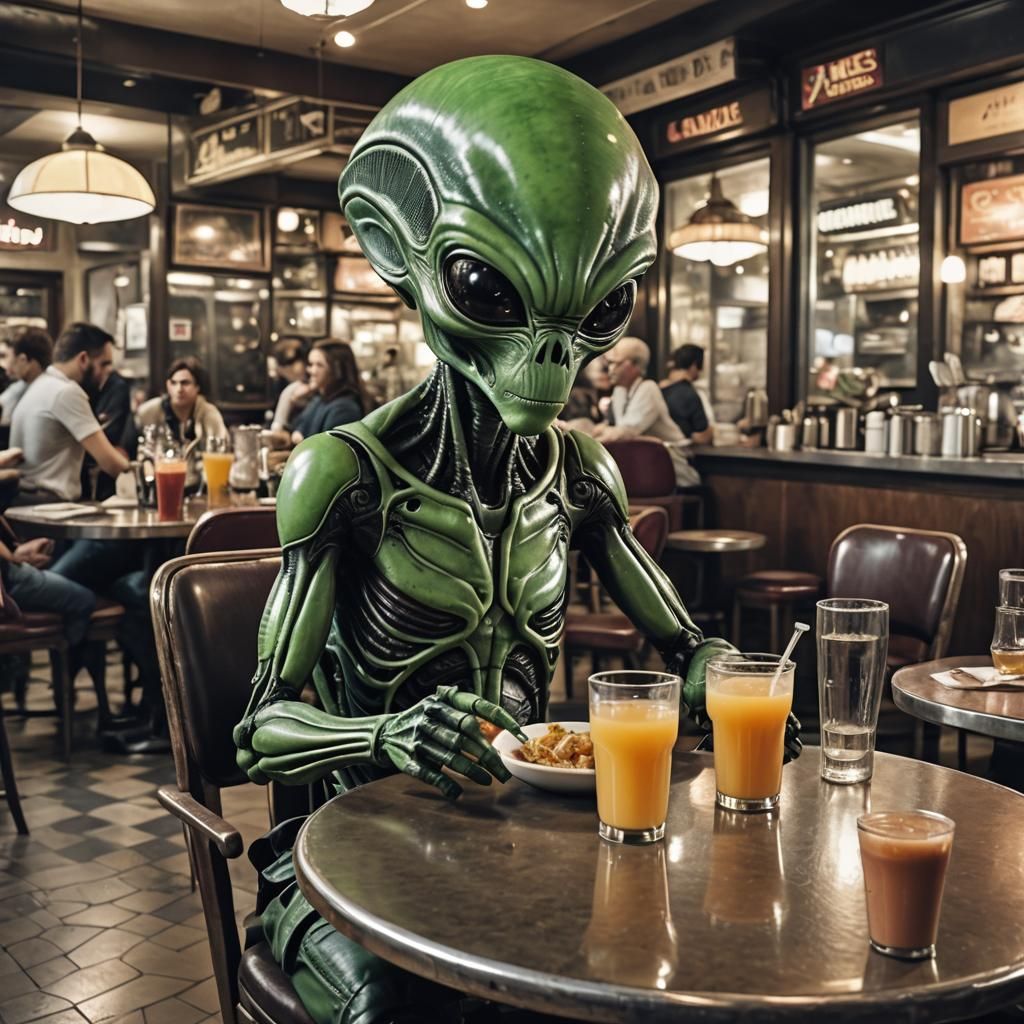 alien sit in restauranthold a juice  by @Joumene Jallouli