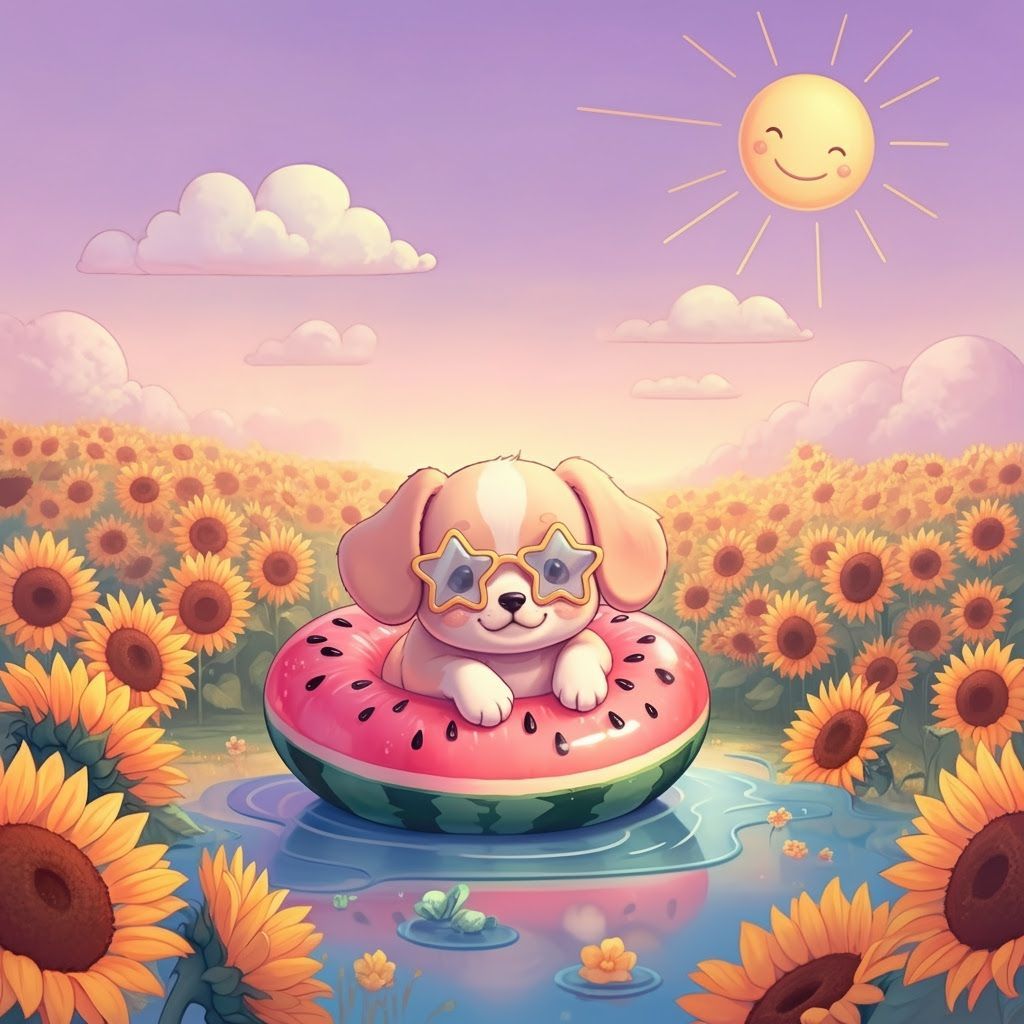 Dreamy Puppy Lounges on Watermelon Float in Pastel Wonderlan...