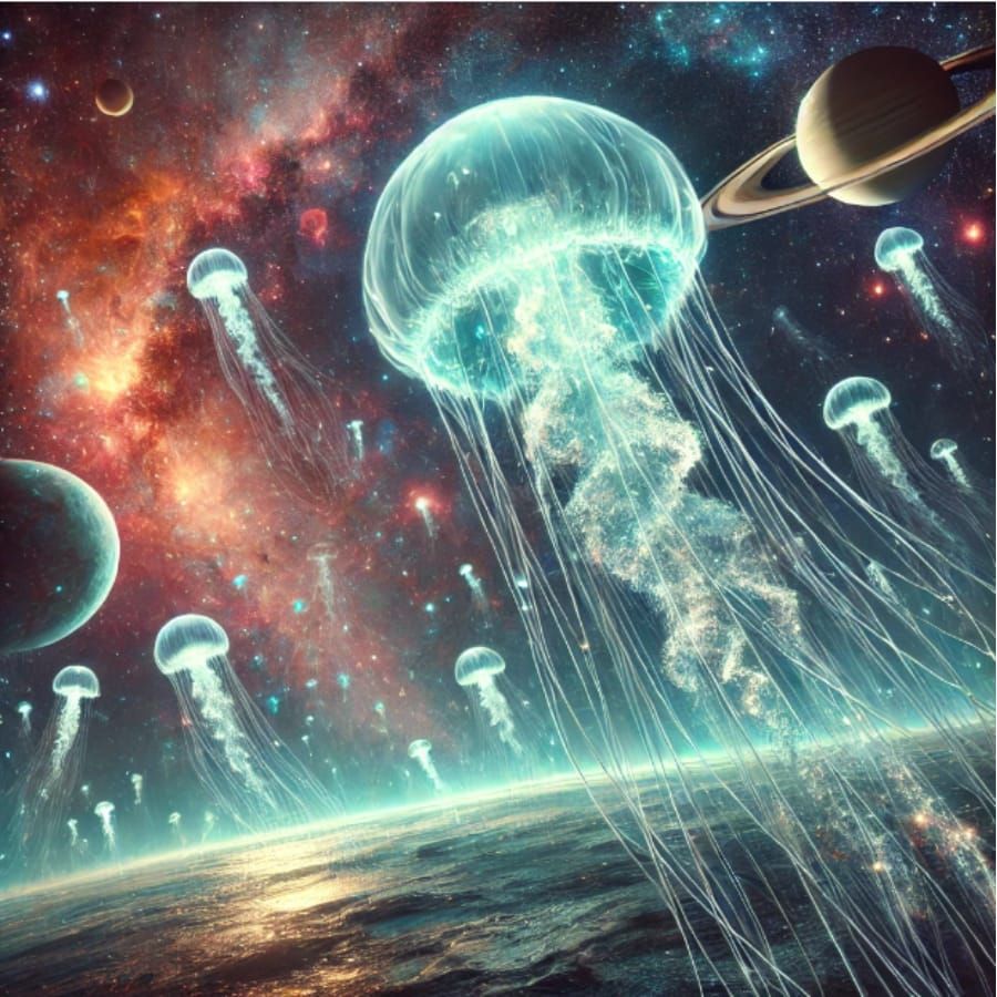 Giant, glowing jellyfish floating through a starry cosmos