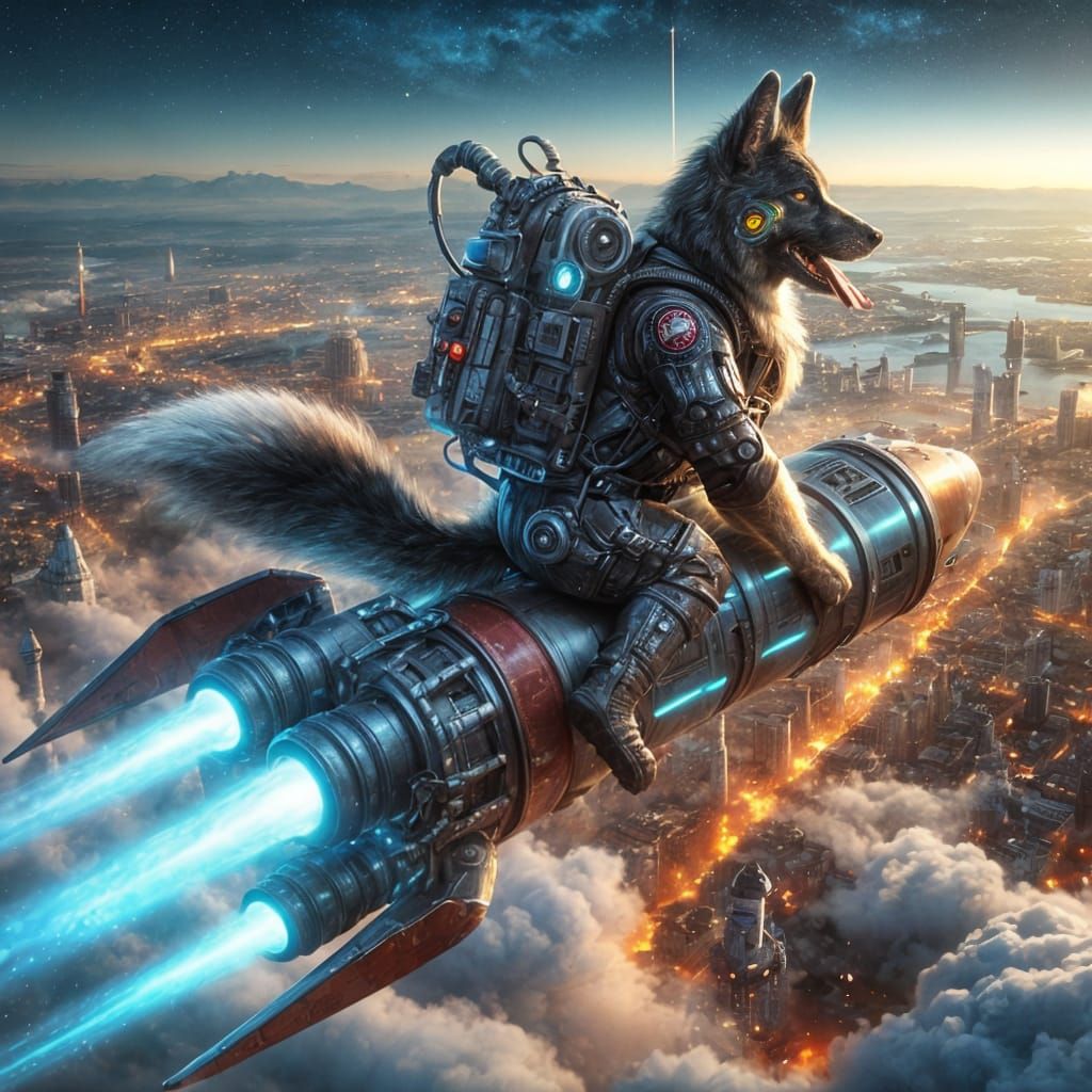 Dog flying a rocket