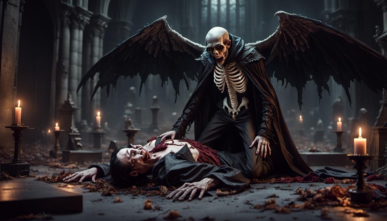 huge winged squeleton male vampire capturing the soul of his...