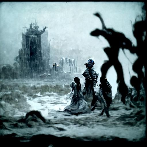 Desolate wasteland with dancing people on poison rain