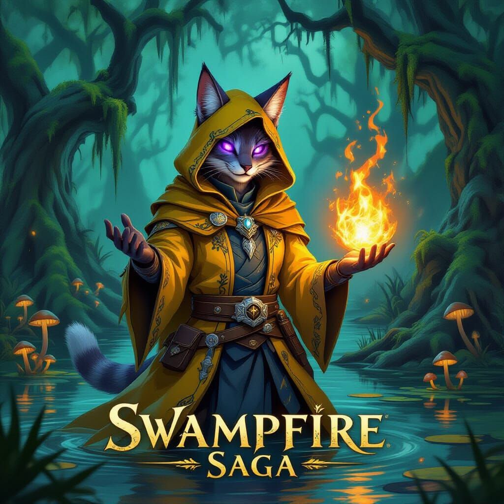 For a video game cover, visualize a tabaxi warlock with piercing purple eyes, clad in a yellow cloak embroidered with silver threads and a d...