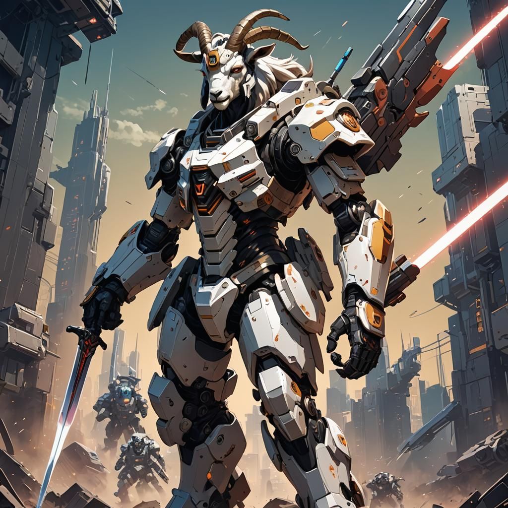 a goat in a mech suit with a cool sword