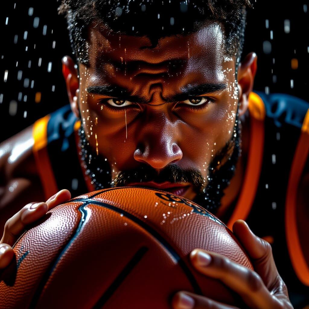 A dramatic close-up of a basketball player's hand gripping the ball, with sweat dripping from their brow ...  by @Shuttleskipper