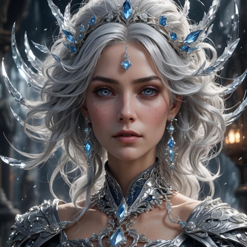 Silver hair white crystal lady