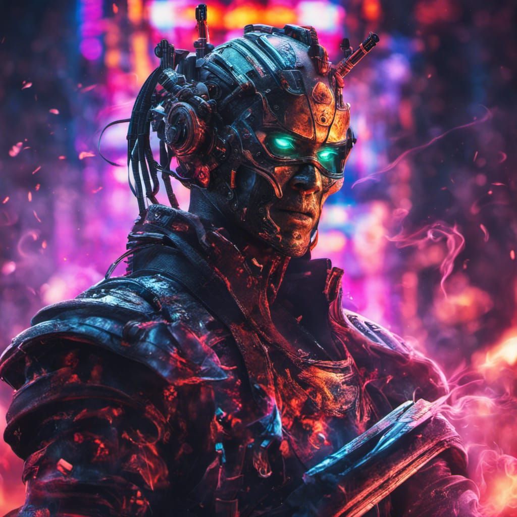 cyborg samurai with smoke swirling around him, cyberpunk sty...