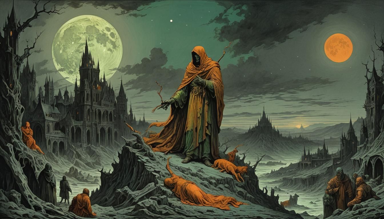 agonie  vollmond,türkis,orange,bronze,grün