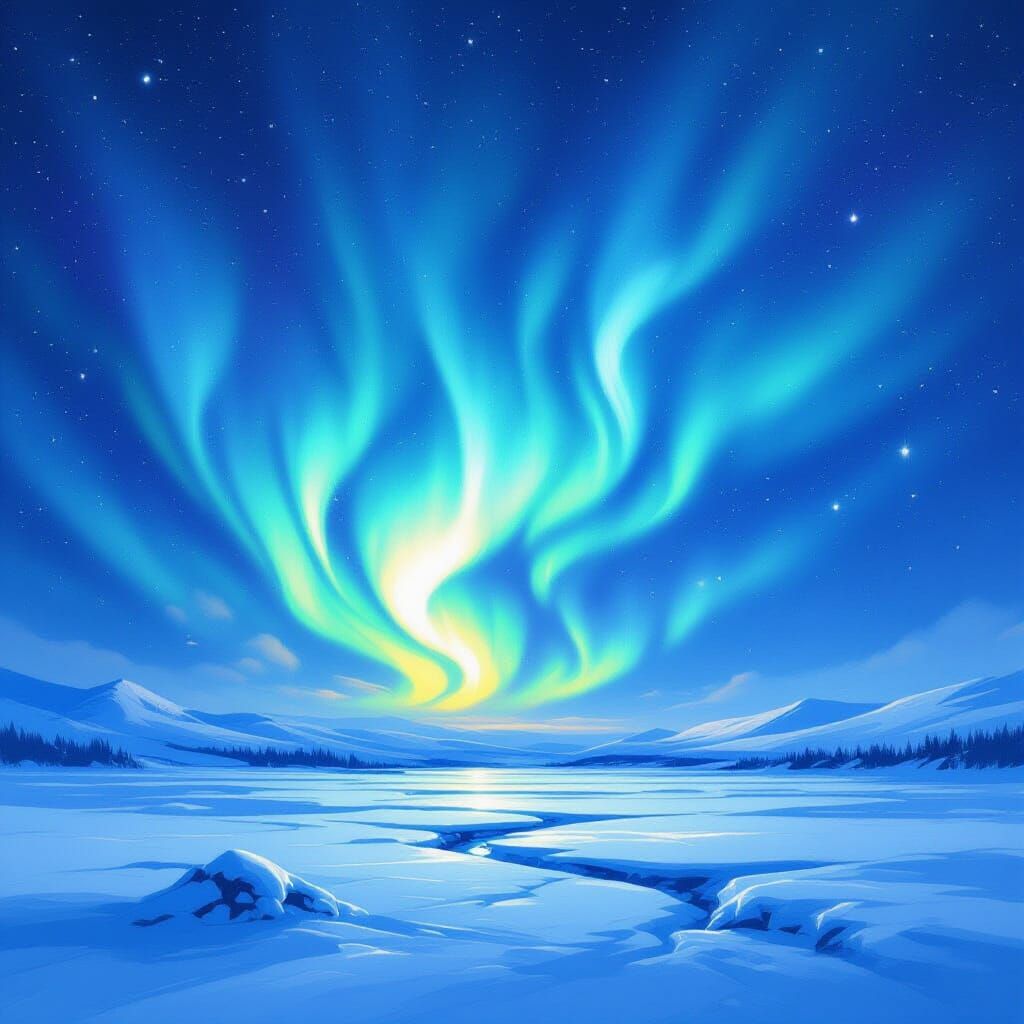 Ethereal Aurora Borealis Over Snowy Tundra in Impressionisti...
