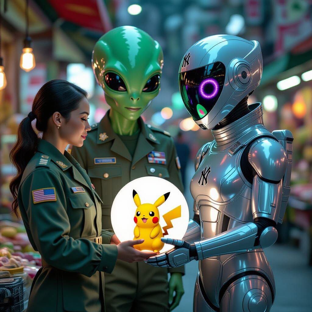 Standing in front of a tall green alien with iridescent eyes dressed in a silver like spacesuit with a NY Yankees ball cap in a market stall...
