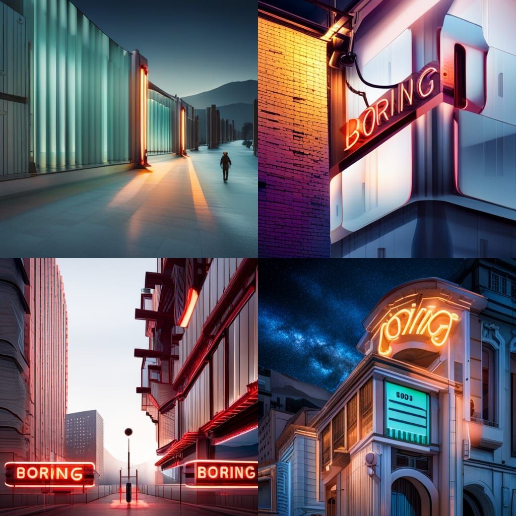 neon sign with the words "Boring"