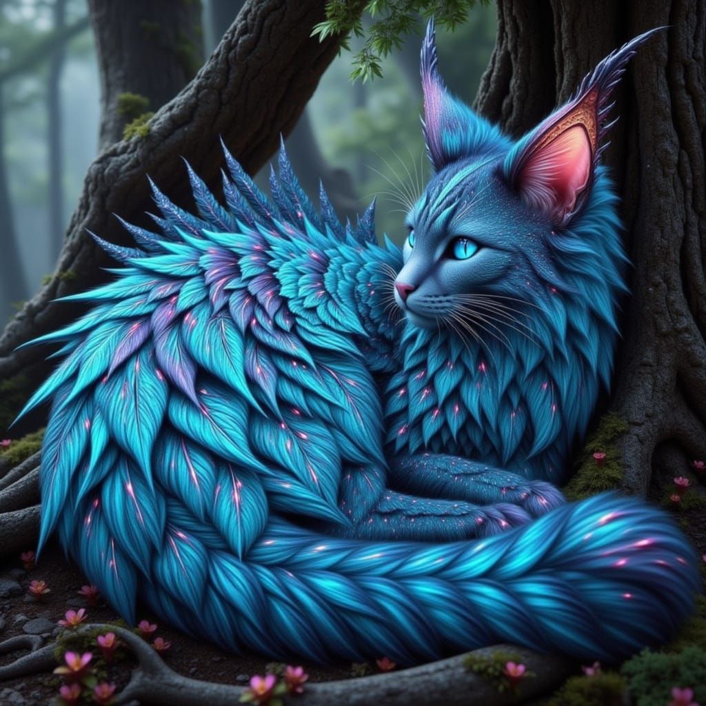 <lora:Pure Fantasy Cats:1.0> Fantasy art style. A magnificent fantasy cat with iridescent metallic light blue metallic shimmering wings and ...