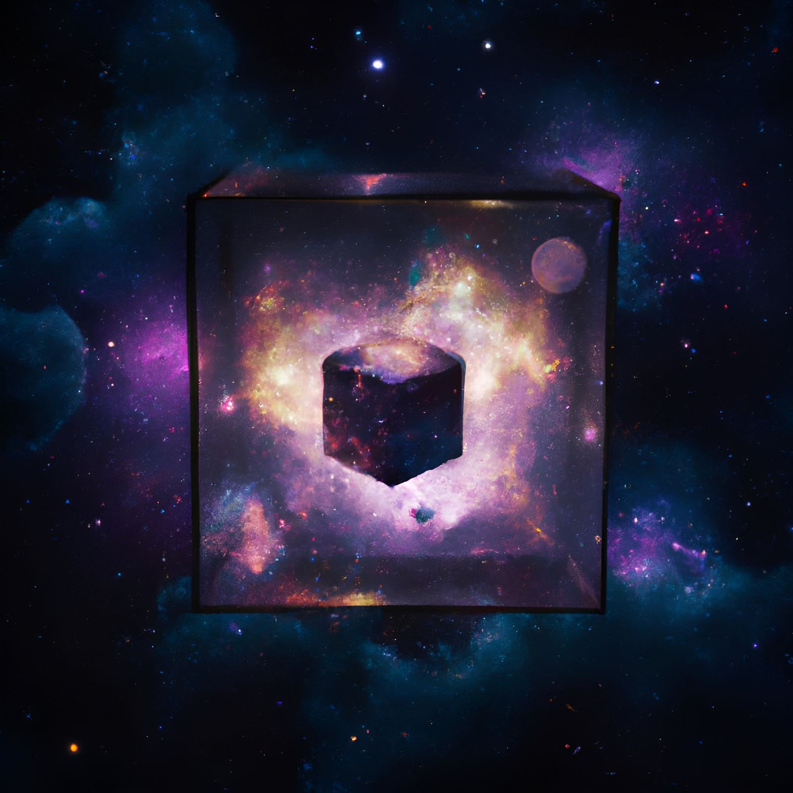 A Cosmic Cube trapped inside a 3D Glass Cube   by @nana