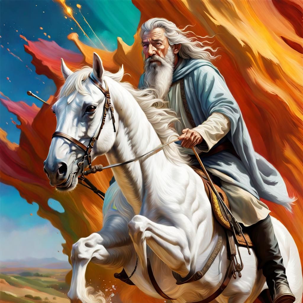 Gandalf riding a pure white horse Hyperrealistic, splash art...