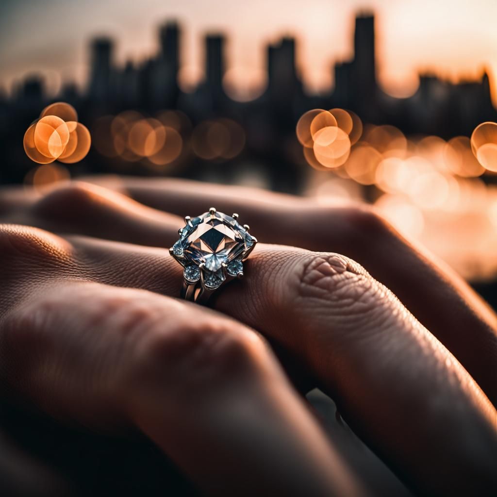 City skyline across a diamond ring at sunset Close up portra...