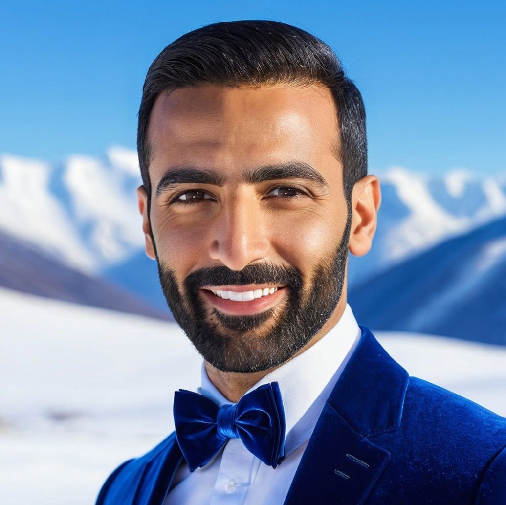 A handsome bearded man wearing a blue velvet suit with a bow...