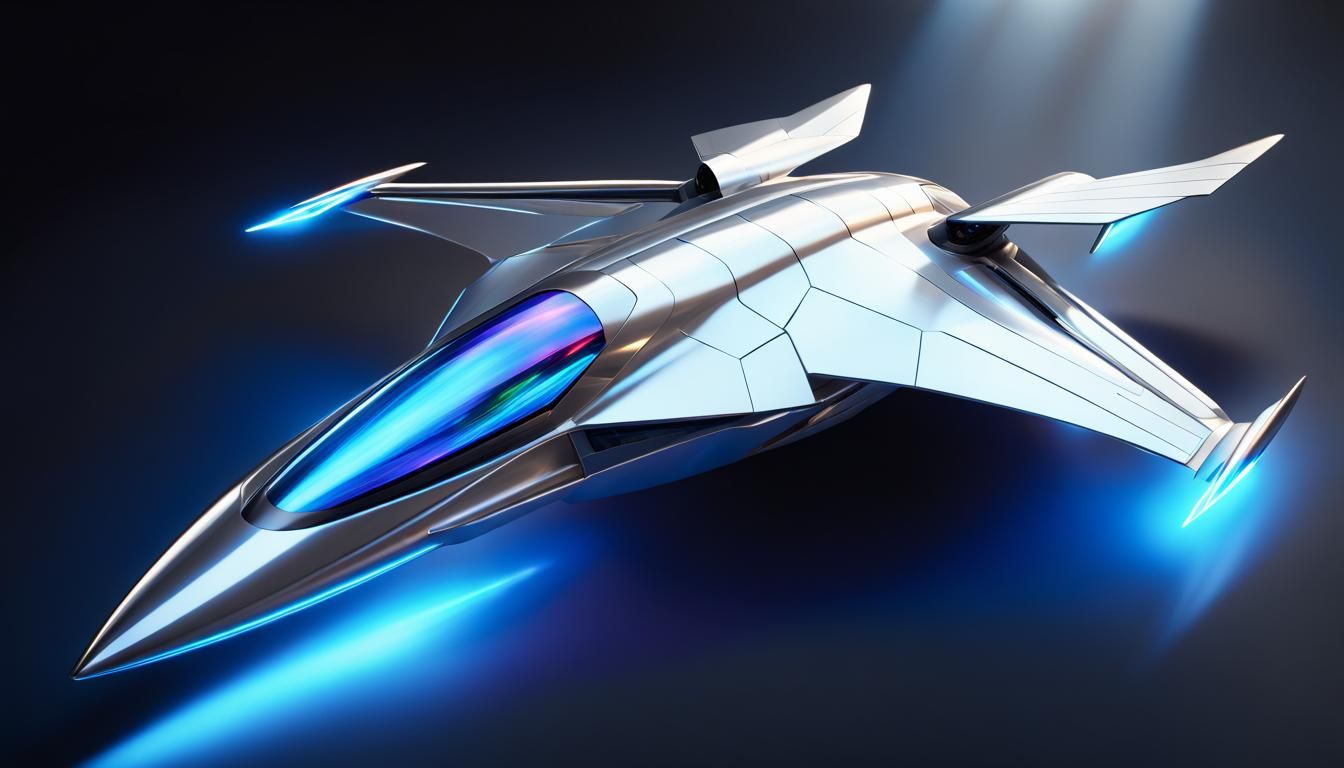 Cinematic shot of a sleek silver jet with a pair of retractable wings ...