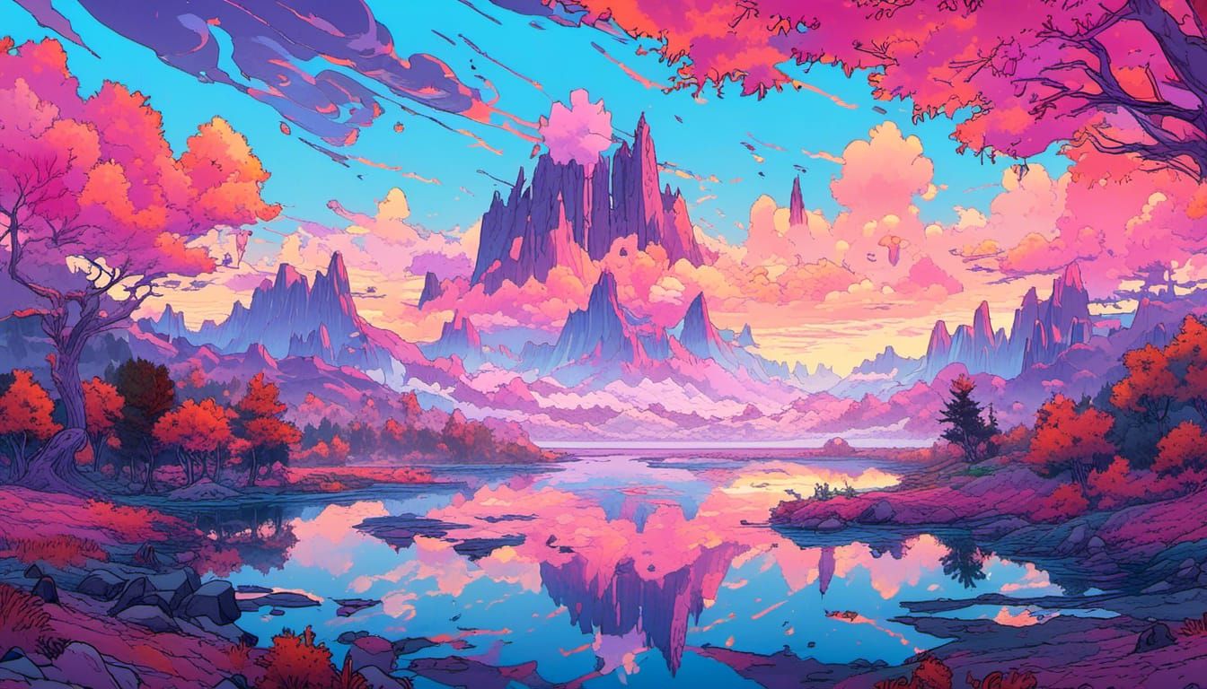 A beautiful layered landscape with sunrise and mountains, clouds swirling in the sky! beautiful scattered bioluminescent trees, glowing ligh...