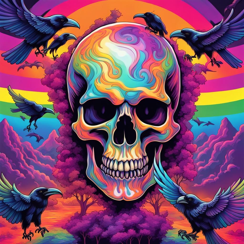 In the style of Lisa Frank. A large Skull and ravens. Scary,...