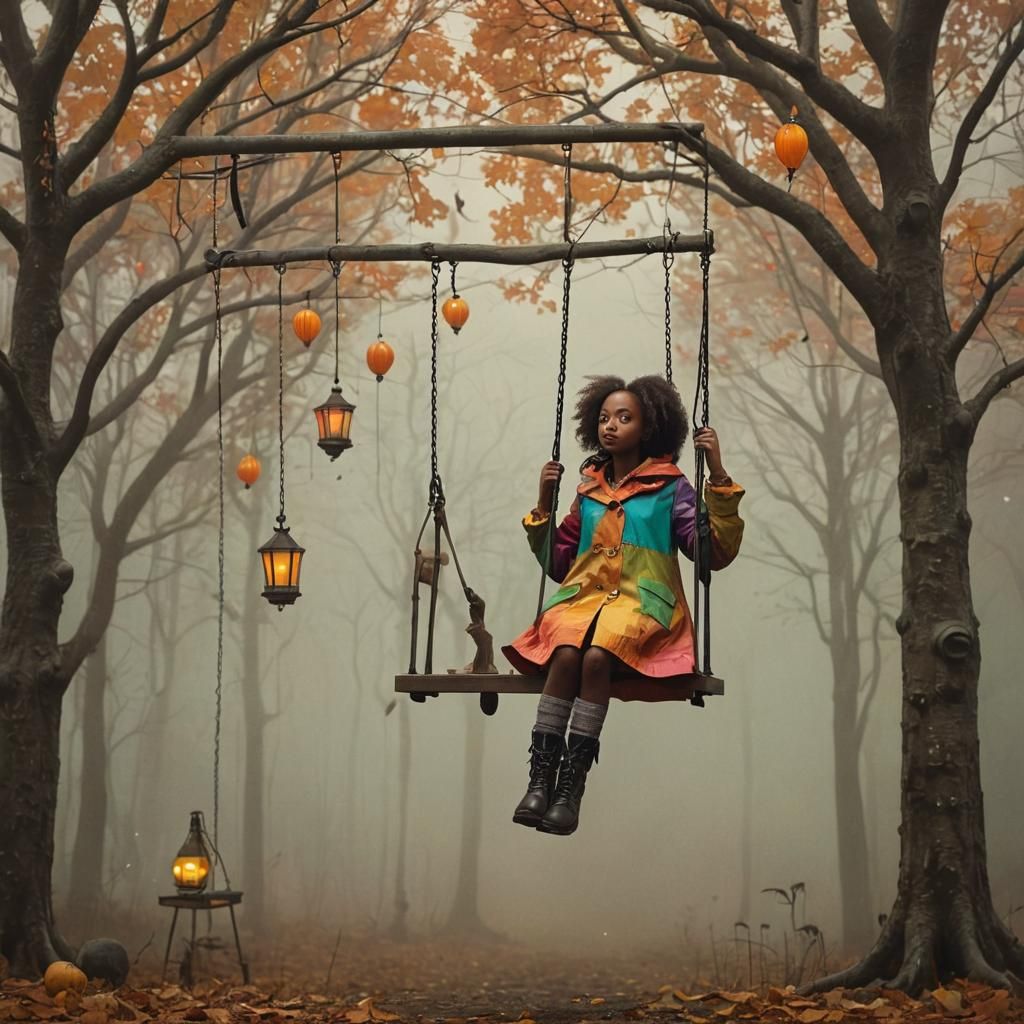 Painting of a black girl on a swing in the rain by Andy Kehoe and Tim Burton. Pop surrealism, high quality illustration,...
