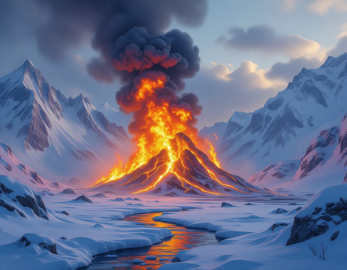 picture a towering inferno raging in a frozen wasteland. The flames dance against a backdrop of snow-covered ...  by @TM