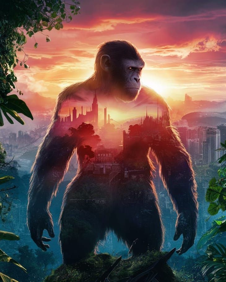 A movie poster of Ape's silhouette juxtaposed with city skylines forest landscapes and sunset hues war-torn backdrops surreal realism with i...