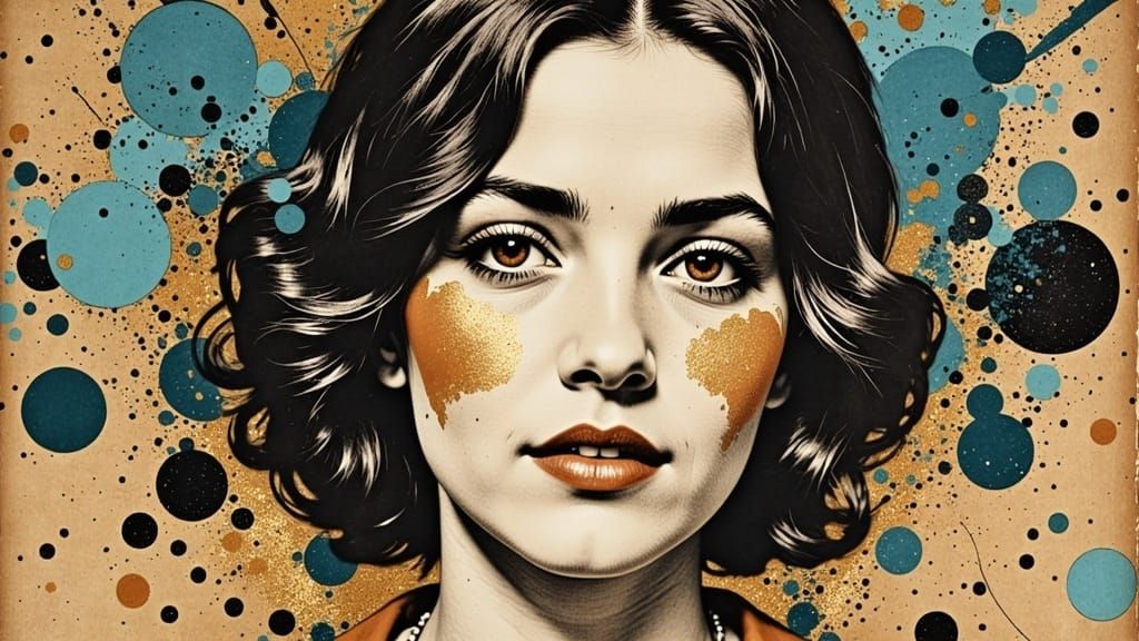 brown ink splatter turned into a work of art/teal and gold spalts in the background / masterpiece/  epic splat art/splashes of color / dots/...