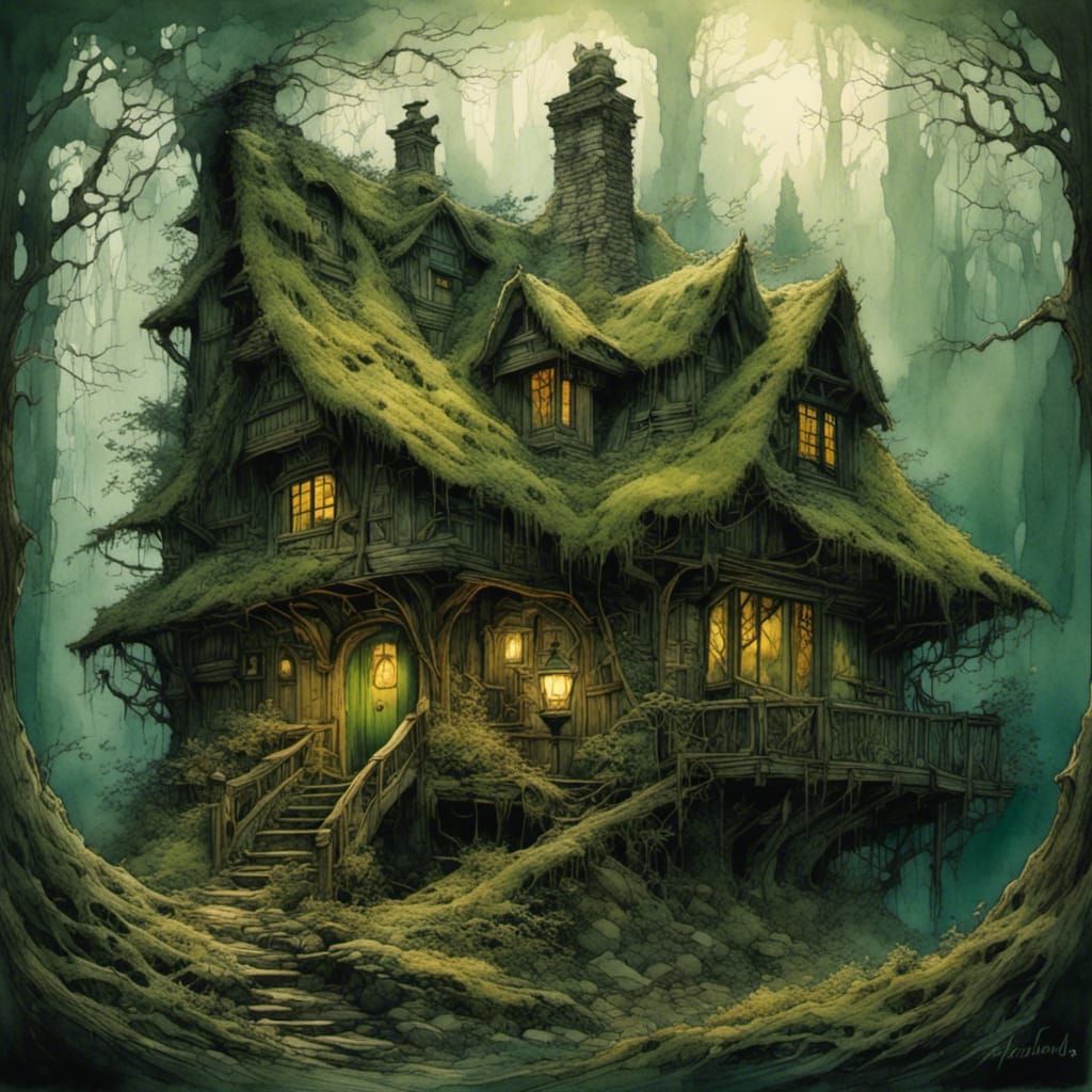 <lora:RomanticWatercolor:1.0> <lora:Woodsplash:1.0> A small dark green witches cottage deep in a forest. Mark Brooks and Dan Mumford, comic...