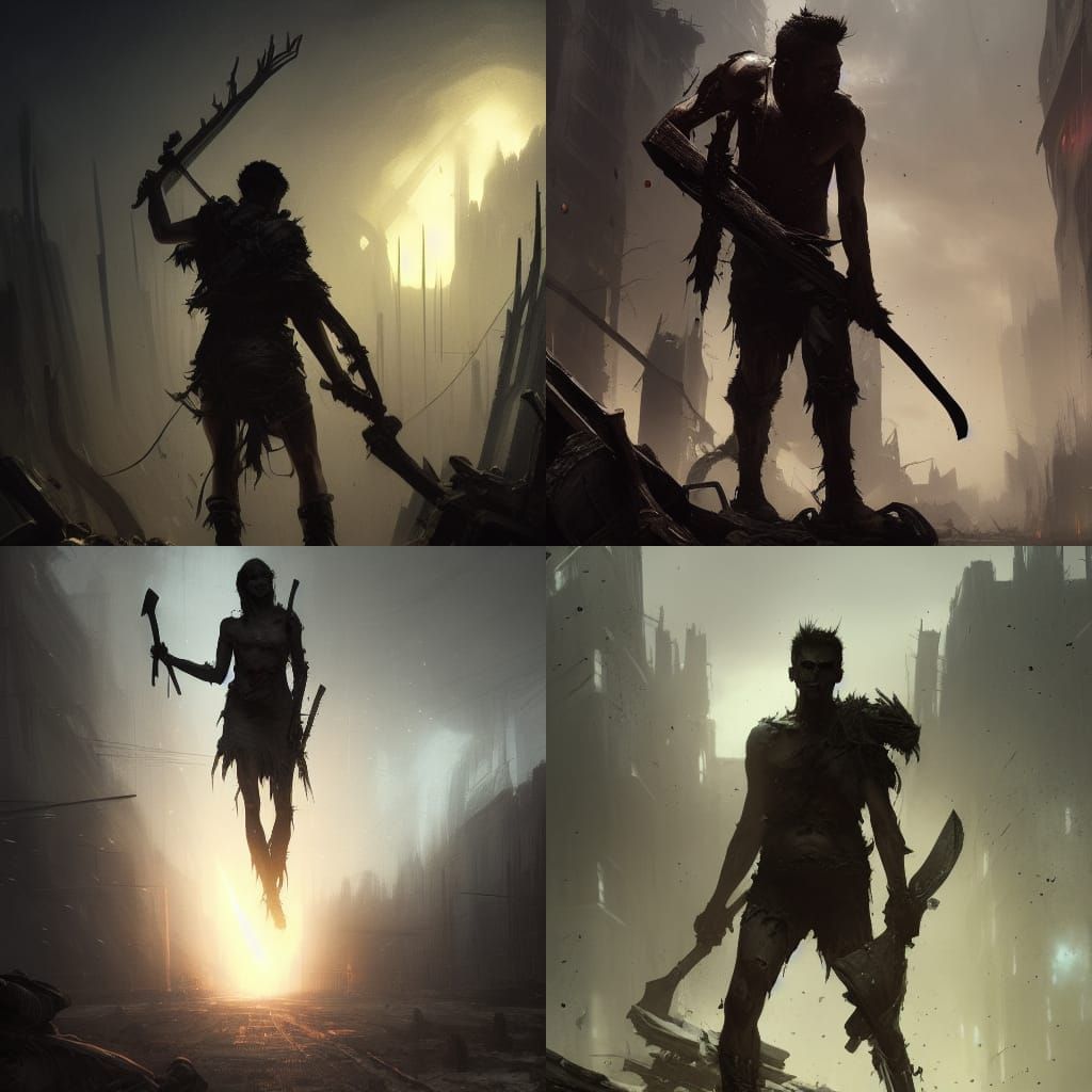 Human with black veins wielding great-axe post-apocalyptic
