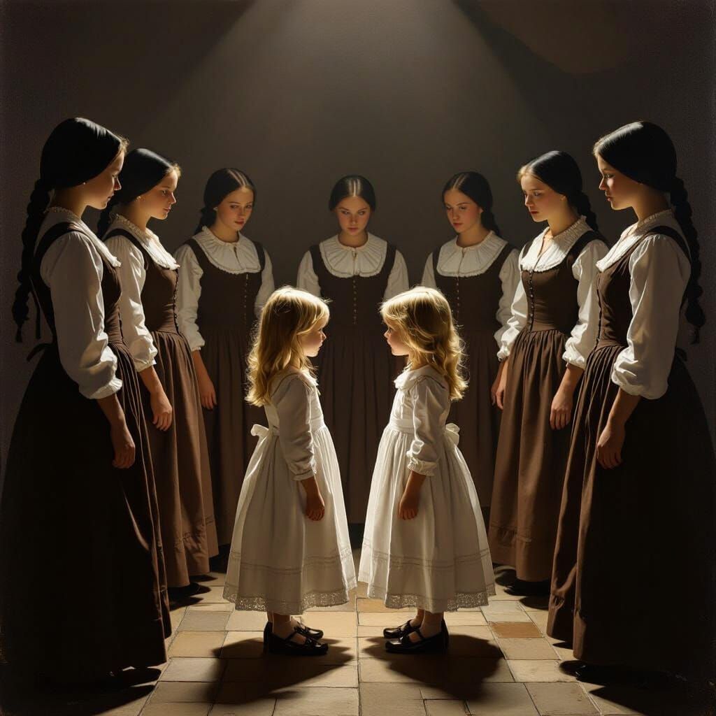 2 little blonde haired girls in old fashioned white dresses are in the middle of a circle with tall, stocky women with straight black hair w...