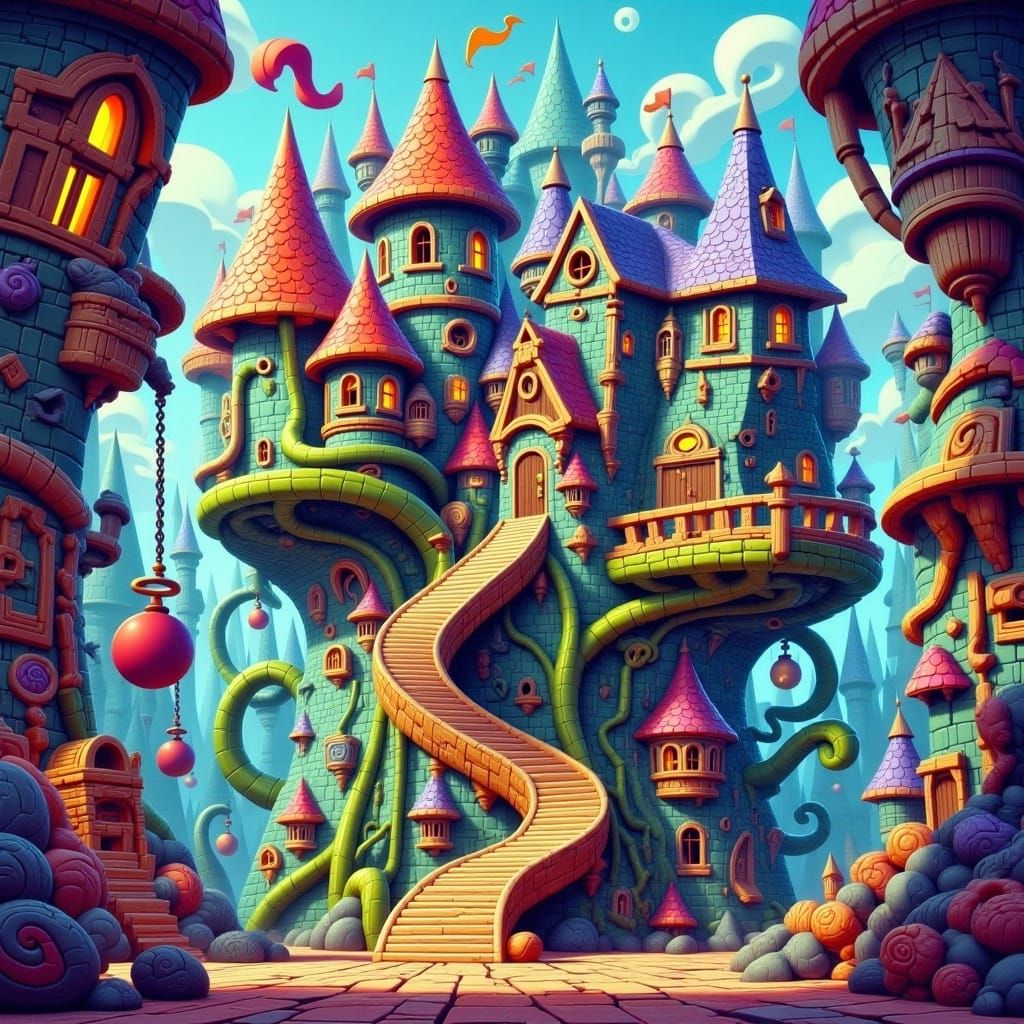 <lora:-PnC Nostalgia-:1.0> a fantasy castle, crooked and warped shapes , twisted architecture 