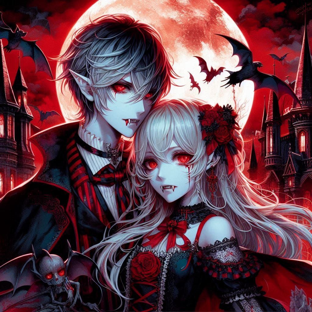 Vampire Couple in Japanese Animation style by DALL-E 3 (02)