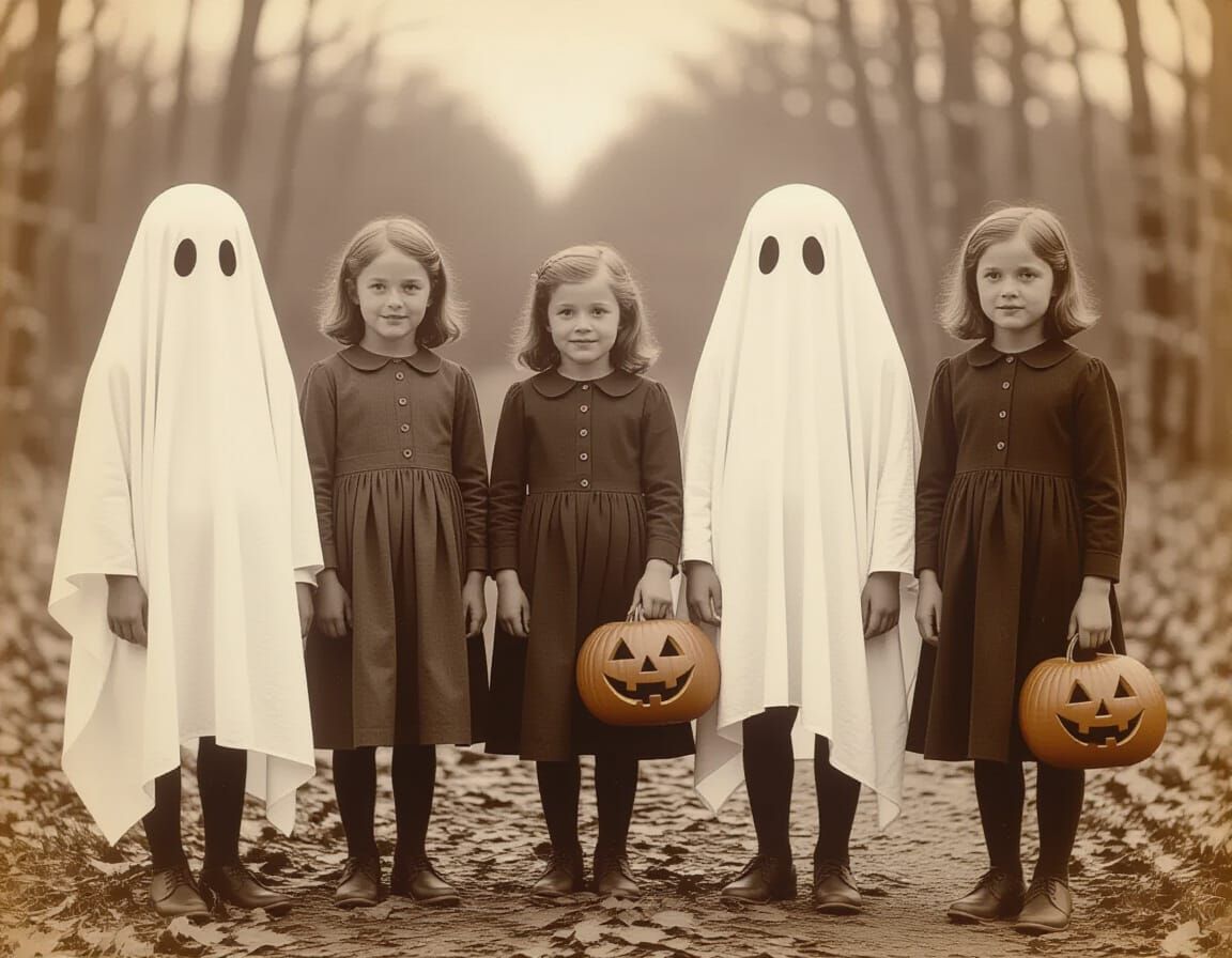 Vintage Halloween Photo: Children in Ghost Costumes