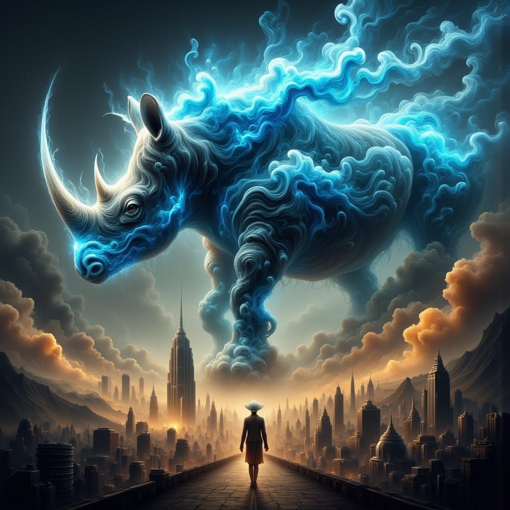 <lora:Abstract Reality:1.0> <lora:Ethereal Magic Flux:1.0> The painting depicts a huge, burning rhinoceros towering over a city. The rhinoce...