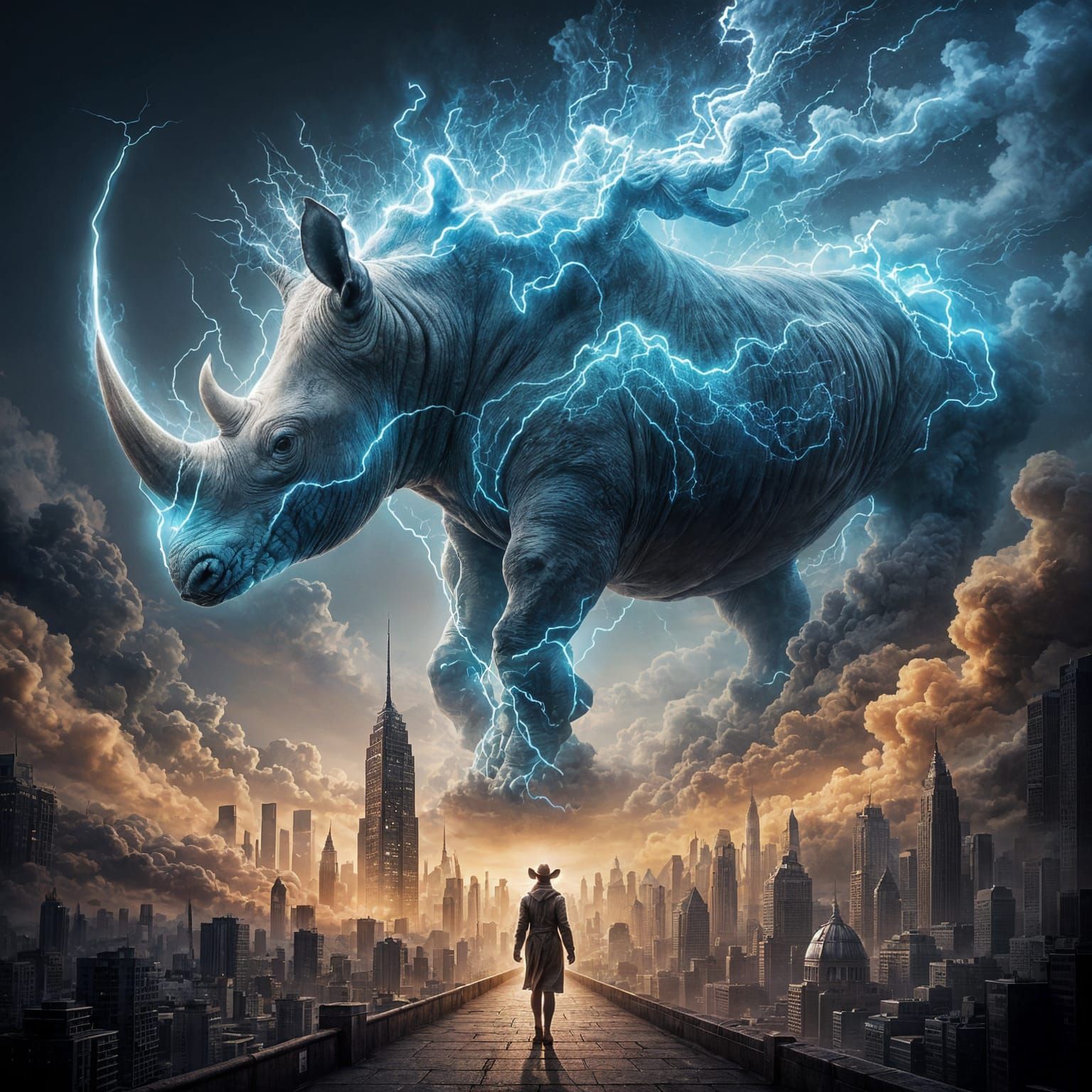 <lora:Abstract Reality:1.0> <lora:Ethereal Magic Flux:1.0> The painting depicts a huge, burning rhinoceros ...  by @Schoor
