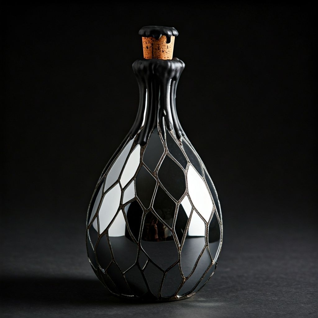 "A jet-black ceramic decanter with mirrored surfaces embedded like obsidian shards. Its cork is sealed with dark wax."
